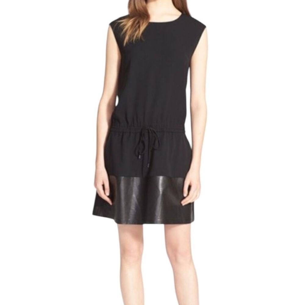 VINCE Lamb Leather Contrast Drawstring Waist Black Dress Size Small Preppy